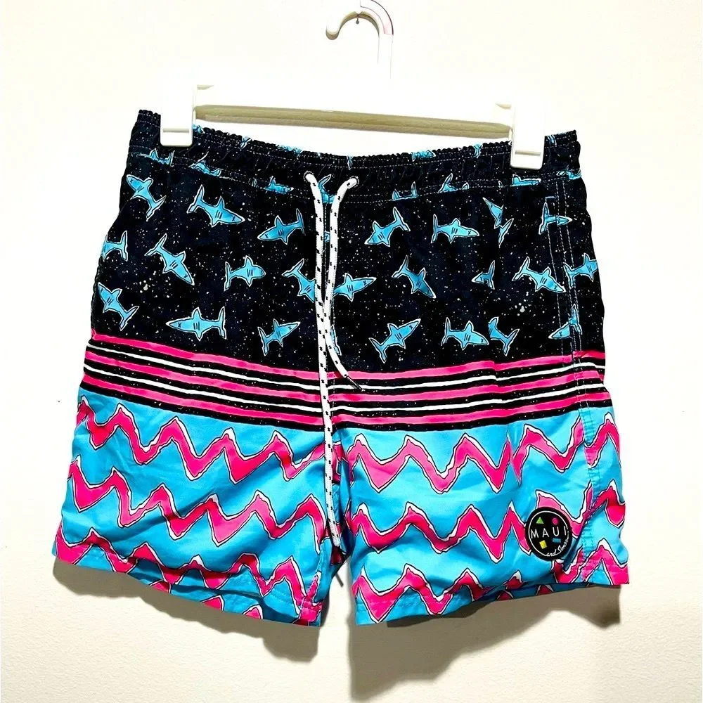 Since Maui swimming trunk novelty sharks waves pockets summer beach men’…